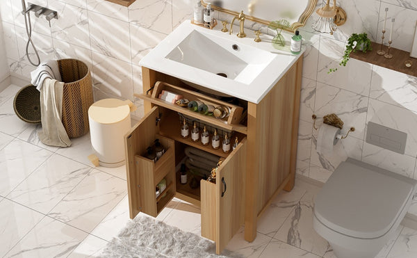 English Elm 24 Inch Freestanding Bathroom Vanity Solid Wood Frame Ceramic Sink Soft Close Storage N729P338553N