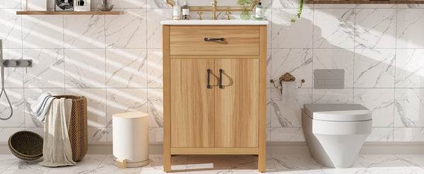 English Elm 24 Inch Freestanding Bathroom Vanity Solid Wood Frame Ceramic Sink Soft Close Storage N729P338553N