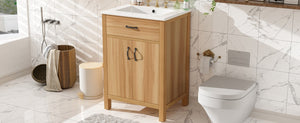 English Elm 24 Inch Freestanding Bathroom Vanity Solid Wood Frame Ceramic Sink Soft Close Storage N729P338553N