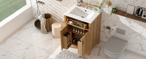 English Elm 24 Inch Freestanding Bathroom Vanity Solid Wood Frame Ceramic Sink Soft Close Storage N729P338553N