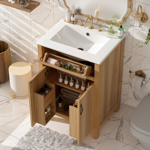 English Elm 24 Inch Freestanding Bathroom Vanity Solid Wood Frame Ceramic Sink Soft Close Storage N729P338553N