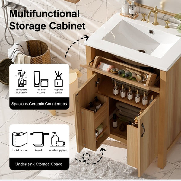 English Elm 24 Inch Freestanding Bathroom Vanity Solid Wood Frame Ceramic Sink Soft Close Storage N729P338553N