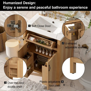 English Elm 24 Inch Freestanding Bathroom Vanity Solid Wood Frame Ceramic Sink Soft Close Storage N729P338553N