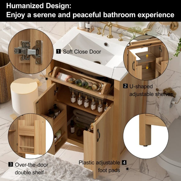 English Elm 24 Inch Freestanding Bathroom Vanity Solid Wood Frame Ceramic Sink Soft Close Storage N729P338553N