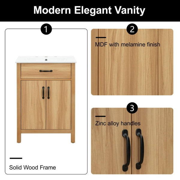 English Elm 24 Inch Freestanding Bathroom Vanity Solid Wood Frame Ceramic Sink Soft Close Storage N729P338553N