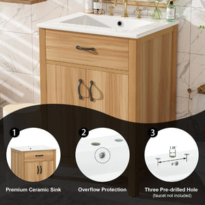 English Elm 24 Inch Freestanding Bathroom Vanity Solid Wood Frame Ceramic Sink Soft Close Storage N729P338553N