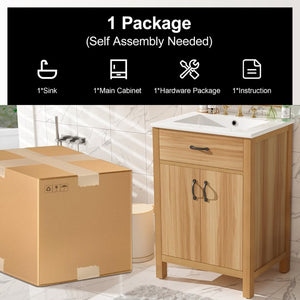 English Elm 24 Inch Freestanding Bathroom Vanity Solid Wood Frame Ceramic Sink Soft Close Storage N729P338553N