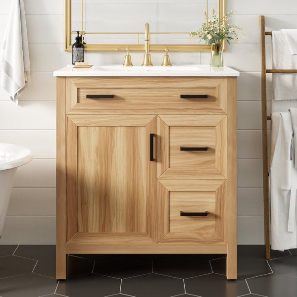 English Elm 30 Inch Acacia Wood Bathroom Vanity with Ceramic Sink Soft Close Drawers Modern Style N729P338555N