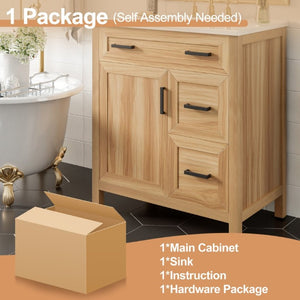 English Elm 30 Inch Acacia Wood Bathroom Vanity with Ceramic Sink Soft Close Drawers Modern Style N729P338555N