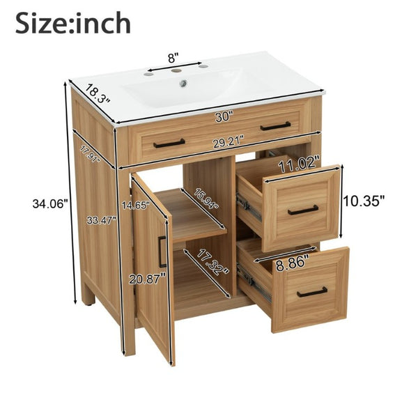 English Elm 30 Inch Acacia Wood Bathroom Vanity with Ceramic Sink Soft Close Drawers Modern Style N729P338555N