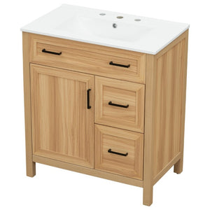 English Elm 30 Inch Acacia Wood Bathroom Vanity with Ceramic Sink Soft Close Drawers Modern Style N729P338555N