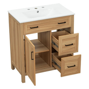 English Elm 30 Inch Acacia Wood Bathroom Vanity with Ceramic Sink Soft Close Drawers Modern Style N729P338555N