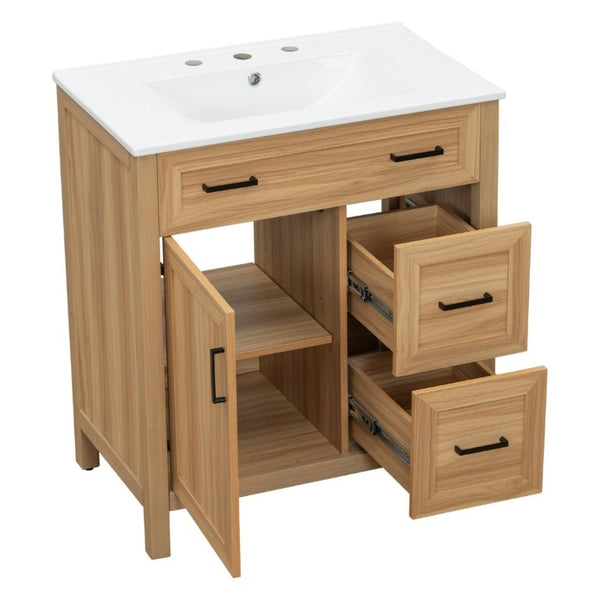 English Elm 30 Inch Acacia Wood Bathroom Vanity with Ceramic Sink Soft Close Drawers Modern Style N729P338555N