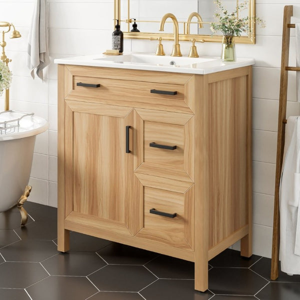 English Elm 30 Inch Acacia Wood Bathroom Vanity with Ceramic Sink Soft Close Drawers Modern Style N729P338555N