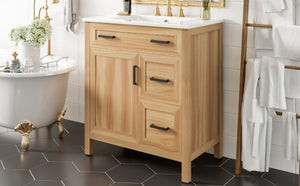 English Elm 30 Inch Acacia Wood Bathroom Vanity with Ceramic Sink Soft Close Drawers Modern Style N729P338555N