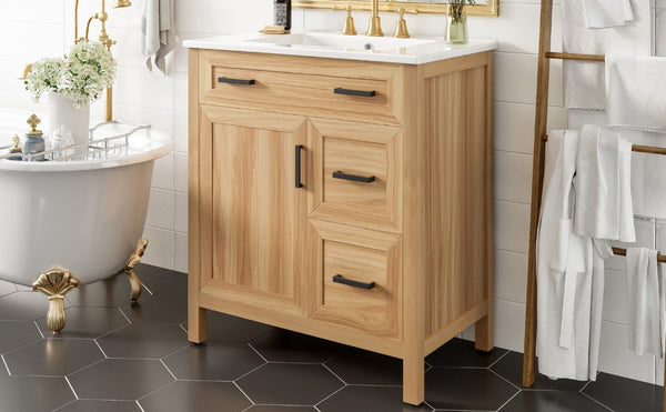 English Elm 30 Inch Acacia Wood Bathroom Vanity with Ceramic Sink Soft Close Drawers Modern Style N729P338555N