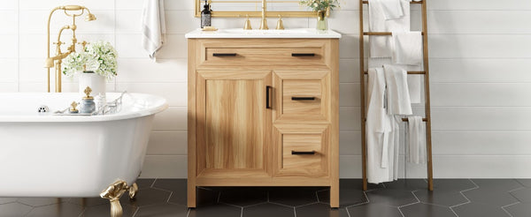English Elm 30 Inch Acacia Wood Bathroom Vanity with Ceramic Sink Soft Close Drawers Modern Style N729P338555N