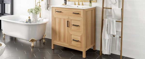 English Elm 30 Inch Acacia Wood Bathroom Vanity with Ceramic Sink Soft Close Drawers Modern Style N729P338555N