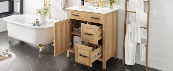 English Elm 30 Inch Acacia Wood Bathroom Vanity with Ceramic Sink Soft Close Drawers Modern Style N729P338555N