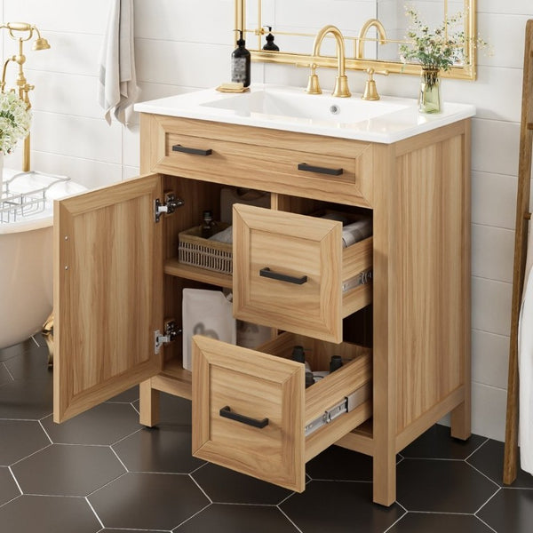English Elm 30 Inch Acacia Wood Bathroom Vanity with Ceramic Sink Soft Close Drawers Modern Style N729P338555N