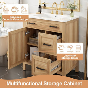 English Elm 30 Inch Acacia Wood Bathroom Vanity with Ceramic Sink Soft Close Drawers Modern Style N729P338555N