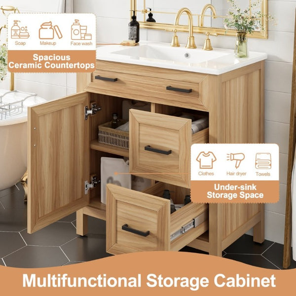 English Elm 30 Inch Acacia Wood Bathroom Vanity with Ceramic Sink Soft Close Drawers Modern Style N729P338555N