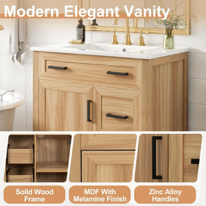 English Elm 30 Inch Acacia Wood Bathroom Vanity with Ceramic Sink Soft Close Drawers Modern Style N729P338555N