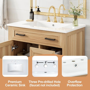 English Elm 30 Inch Acacia Wood Bathroom Vanity with Ceramic Sink Soft Close Drawers Modern Style N729P338555N