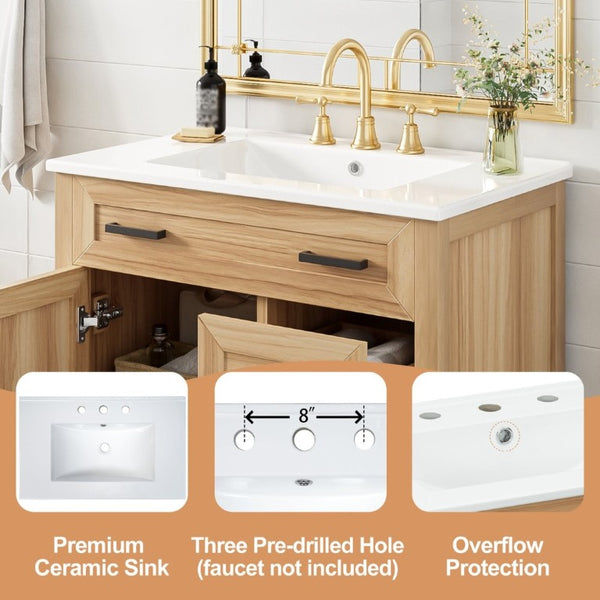 English Elm 30 Inch Acacia Wood Bathroom Vanity with Ceramic Sink Soft Close Drawers Modern Style N729P338555N
