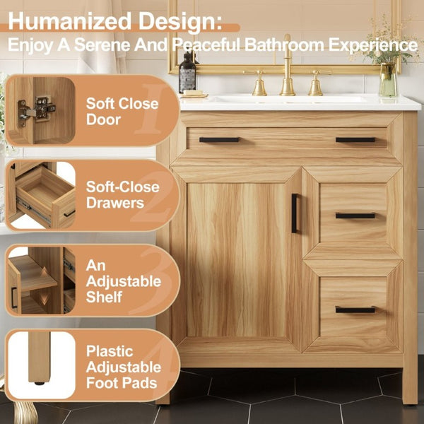 English Elm 30 Inch Acacia Wood Bathroom Vanity with Ceramic Sink Soft Close Drawers Modern Style N729P338555N