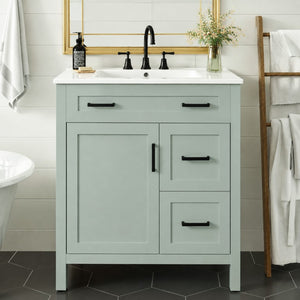 English Elm Video 30 Inch Sage Green Bathroom Vanity Solid Wood Frame Ceramic Sink Soft Close Storage N729P338555S