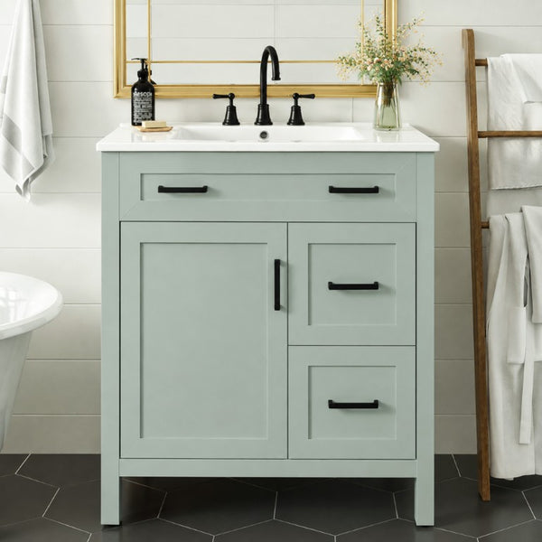 English Elm Video 30 Inch Sage Green Bathroom Vanity Solid Wood Frame Ceramic Sink Soft Close Storage N729P338555S