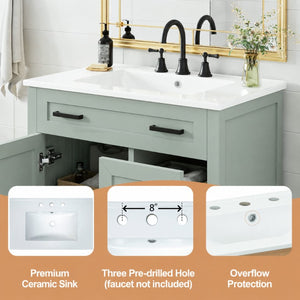 English Elm Video 30 Inch Sage Green Bathroom Vanity Solid Wood Frame Ceramic Sink Soft Close Storage N729P338555S