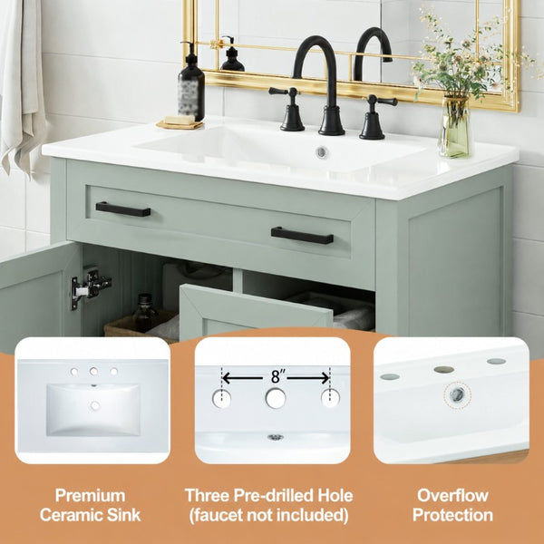 English Elm Video 30 Inch Sage Green Bathroom Vanity Solid Wood Frame Ceramic Sink Soft Close Storage N729P338555S