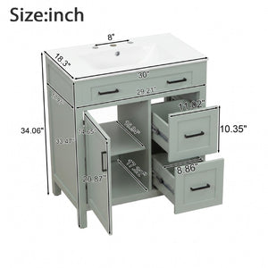 English Elm Video 30 Inch Sage Green Bathroom Vanity Solid Wood Frame Ceramic Sink Soft Close Storage N729P338555S