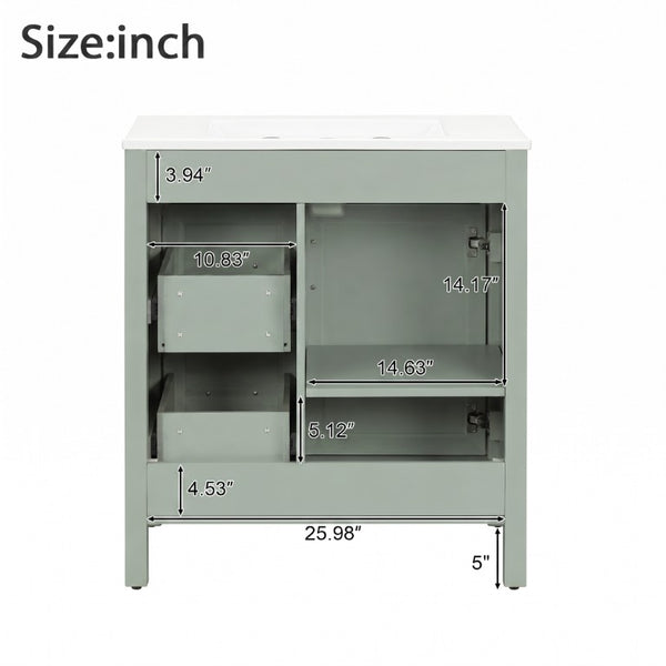 English Elm Video 30 Inch Sage Green Bathroom Vanity Solid Wood Frame Ceramic Sink Soft Close Storage N729P338555S