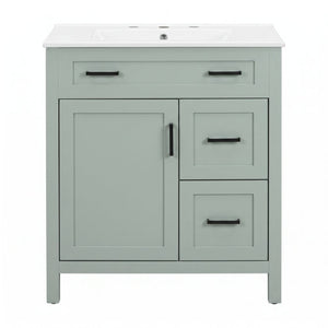 English Elm Video 30 Inch Sage Green Bathroom Vanity Solid Wood Frame Ceramic Sink Soft Close Storage N729P338555S