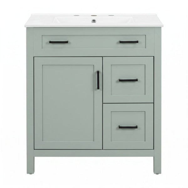 English Elm Video 30 Inch Sage Green Bathroom Vanity Solid Wood Frame Ceramic Sink Soft Close Storage N729P338555S