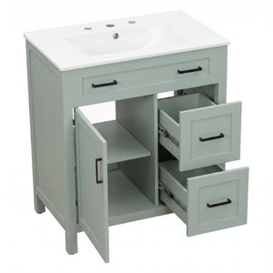 English Elm Video 30 Inch Sage Green Bathroom Vanity Solid Wood Frame Ceramic Sink Soft Close Storage N729P338555S