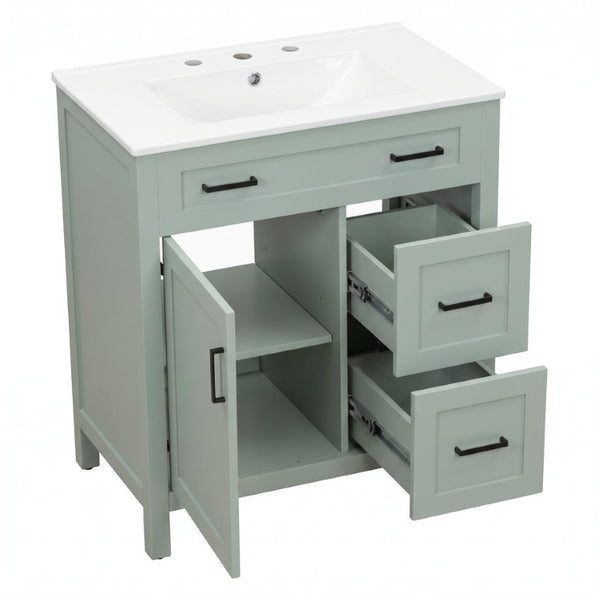 English Elm Video 30 Inch Sage Green Bathroom Vanity Solid Wood Frame Ceramic Sink Soft Close Storage N729P338555S