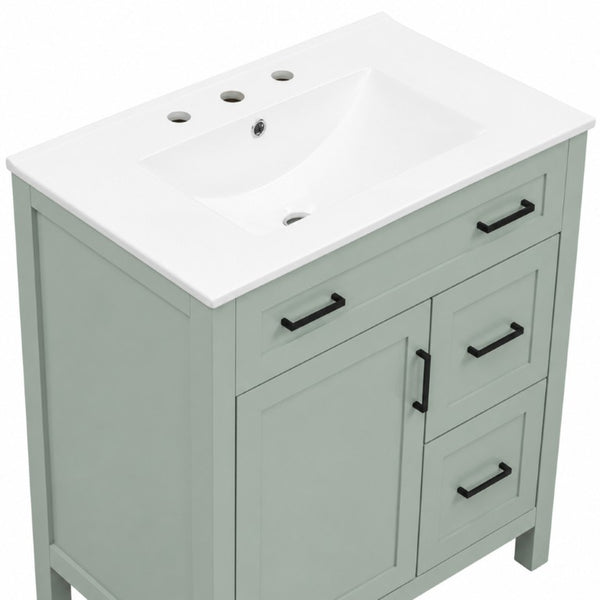 English Elm Video 30 Inch Sage Green Bathroom Vanity Solid Wood Frame Ceramic Sink Soft Close Storage N729P338555S