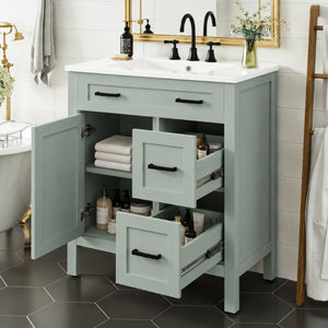 English Elm Video 30 Inch Sage Green Bathroom Vanity Solid Wood Frame Ceramic Sink Soft Close Storage N729P338555S