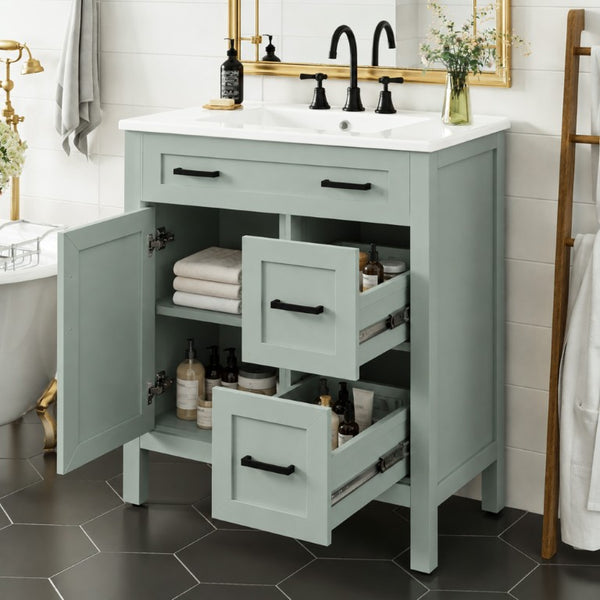 English Elm Video 30 Inch Sage Green Bathroom Vanity Solid Wood Frame Ceramic Sink Soft Close Storage N729P338555S