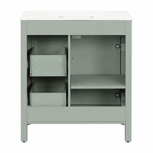 English Elm Video 30 Inch Sage Green Bathroom Vanity Solid Wood Frame Ceramic Sink Soft Close Storage N729P338555S