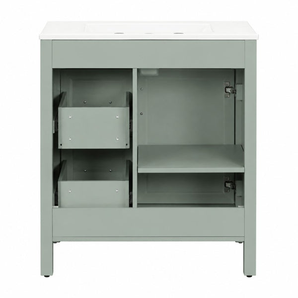 English Elm Video 30 Inch Sage Green Bathroom Vanity Solid Wood Frame Ceramic Sink Soft Close Storage N729P338555S