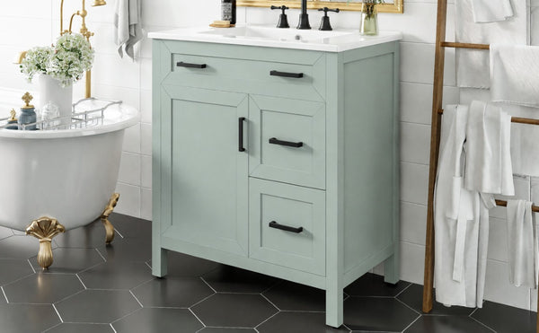 English Elm Video 30 Inch Sage Green Bathroom Vanity Solid Wood Frame Ceramic Sink Soft Close Storage N729P338555S
