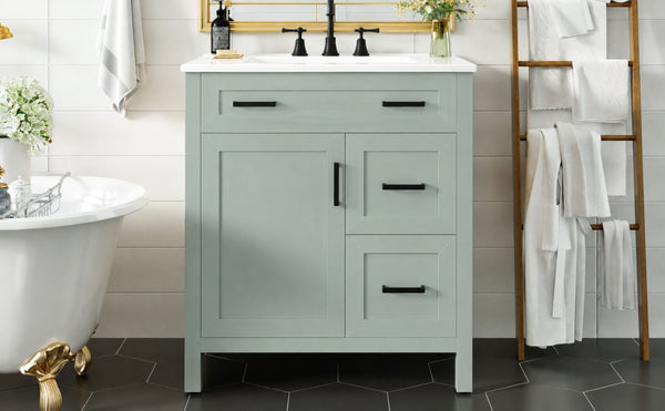 English Elm Video 30 Inch Sage Green Bathroom Vanity Solid Wood Frame Ceramic Sink Soft Close Storage N729P338555S