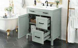 English Elm Video 30 Inch Sage Green Bathroom Vanity Solid Wood Frame Ceramic Sink Soft Close Storage N729P338555S