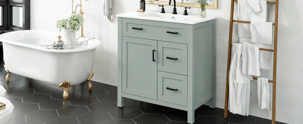 English Elm Video 30 Inch Sage Green Bathroom Vanity Solid Wood Frame Ceramic Sink Soft Close Storage N729P338555S