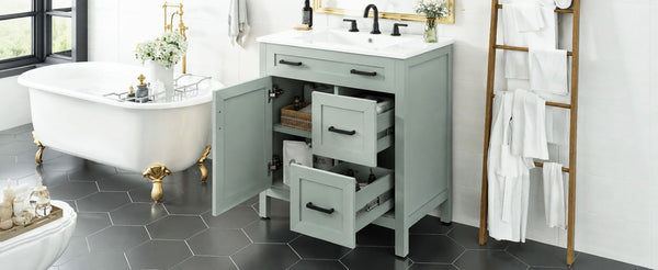 English Elm Video 30 Inch Sage Green Bathroom Vanity Solid Wood Frame Ceramic Sink Soft Close Storage N729P338555S